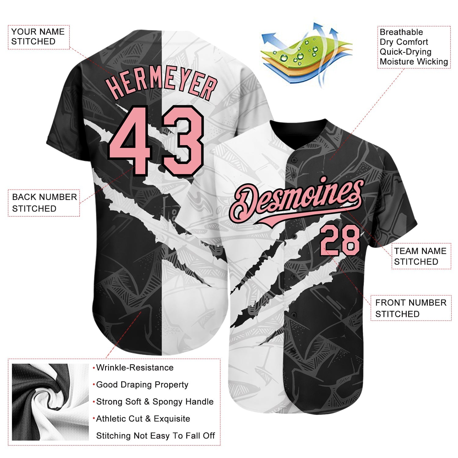 Custom Graffiti Pattern Medium Pink-Black 3D Scratch Authentic Baseball Jersey view 3