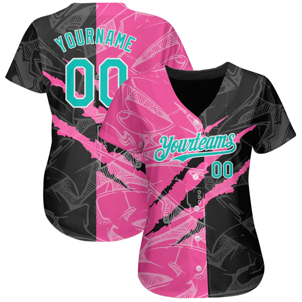 Custom Graffiti Pattern Aqua Black-Pink 3D Scratch Authentic Baseball Jersey view 2