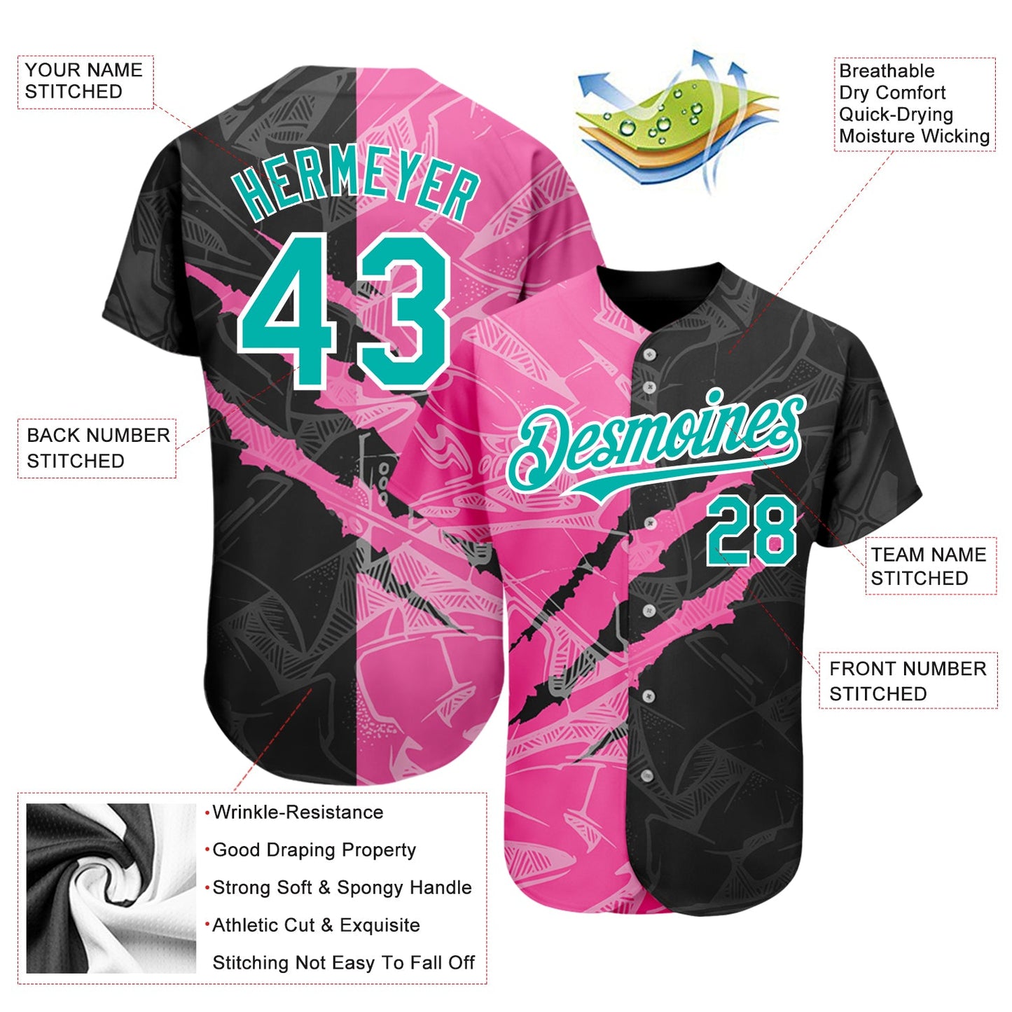 Custom Graffiti Pattern Aqua Black-Pink 3D Scratch Authentic Baseball Jersey view 3