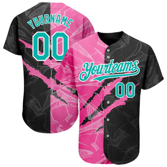 Custom Graffiti Pattern Aqua Black-Pink 3D Scratch Authentic Baseball Jersey - Main View