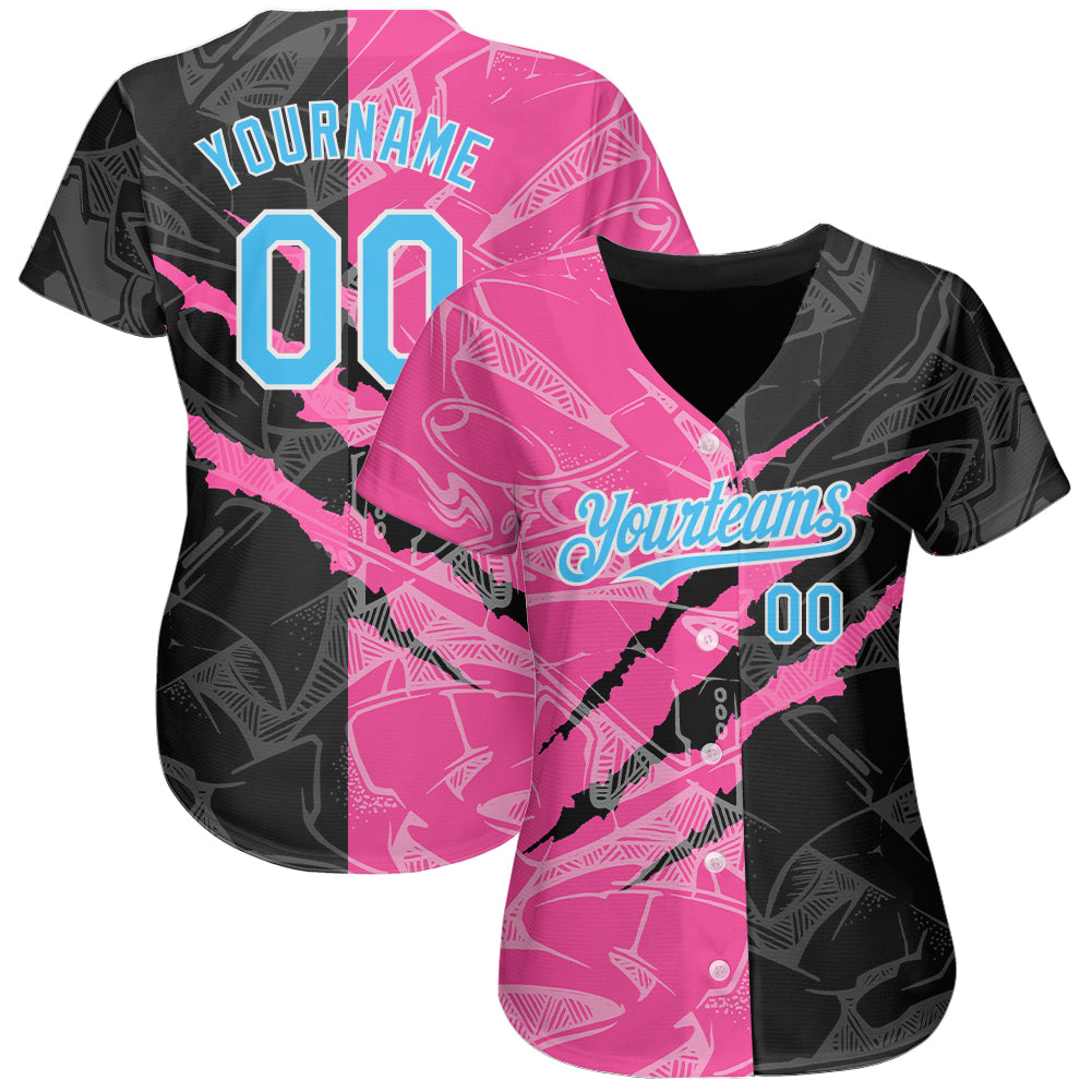Custom Graffiti Pattern Sky Blue Black-Pink 3D Scratch Authentic Baseball Jersey view 2