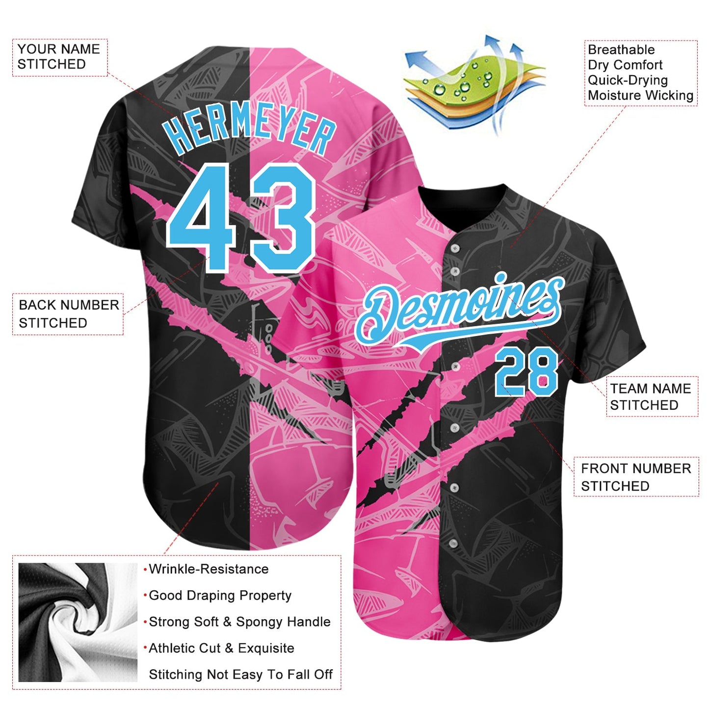 Custom Graffiti Pattern Sky Blue Black-Pink 3D Scratch Authentic Baseball Jersey view 3