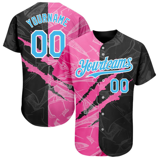 Custom Graffiti Pattern Sky Blue Black-Pink 3D Scratch Authentic Baseball Jersey - Main View