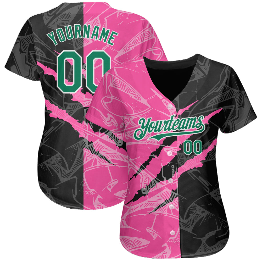 Custom Graffiti Pattern Kelly Green Black-Pink 3D Scratch Authentic Baseball Jersey view 2