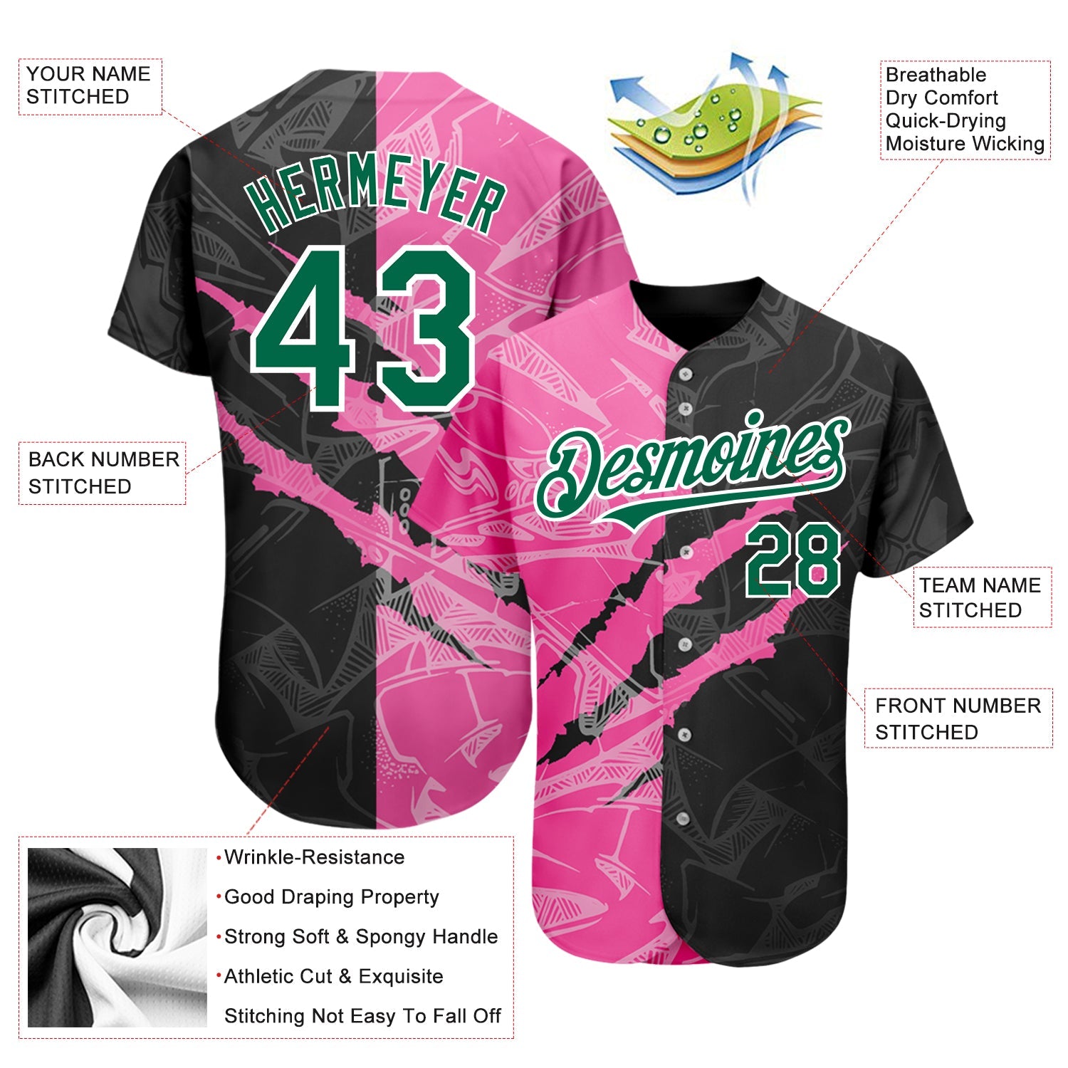 Custom Graffiti Pattern Kelly Green Black-Pink 3D Scratch Authentic Baseball Jersey view 3