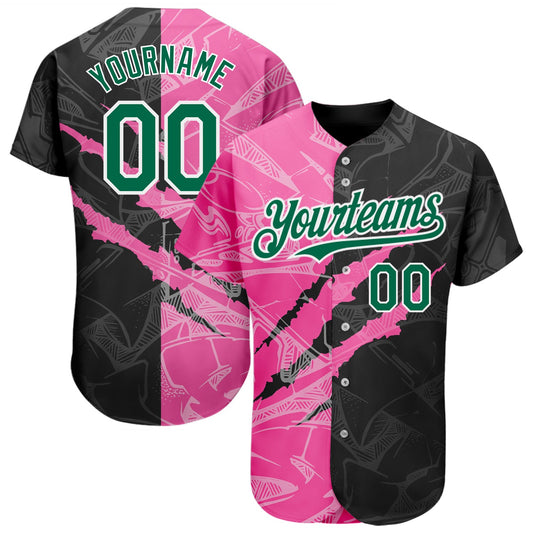 Custom Graffiti Pattern Kelly Green Black-Pink 3D Scratch Authentic Baseball Jersey - Main View
