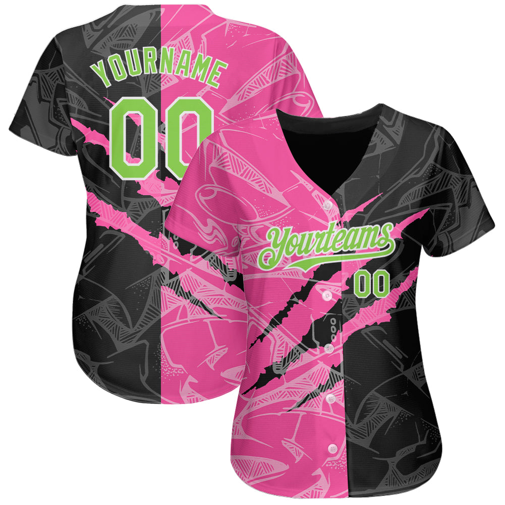 Custom Graffiti Pattern Neon Green Black-Pink 3D Scratch Authentic Baseball Jersey view 2