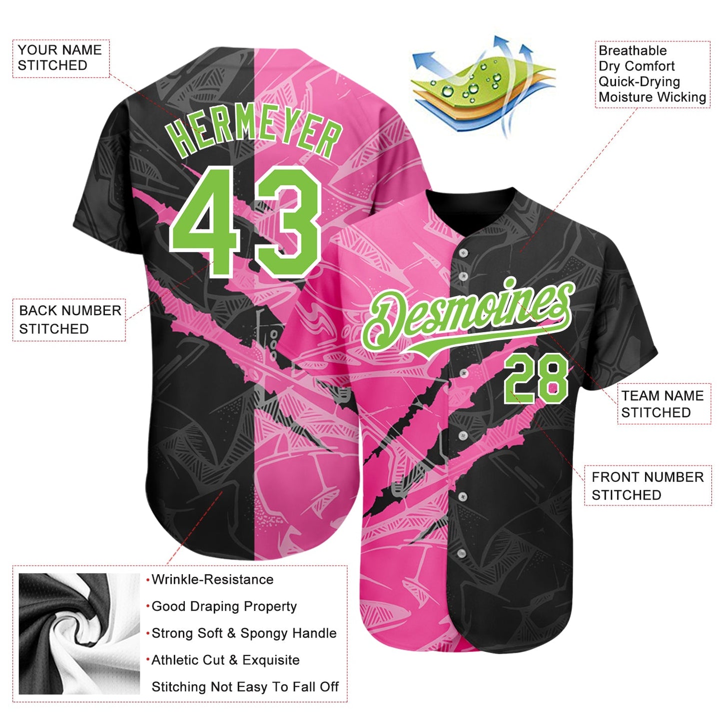 Custom Graffiti Pattern Neon Green Black-Pink 3D Scratch Authentic Baseball Jersey view 3