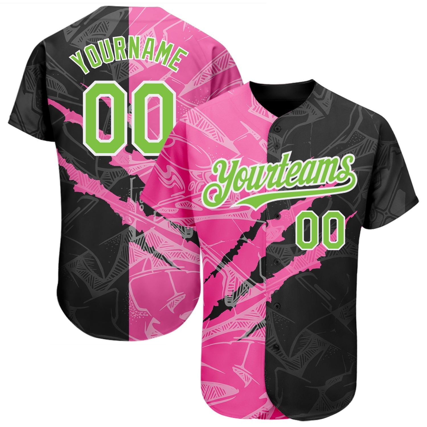 Custom Graffiti Pattern Neon Green Black-Pink 3D Scratch Authentic Baseball Jersey - Main View