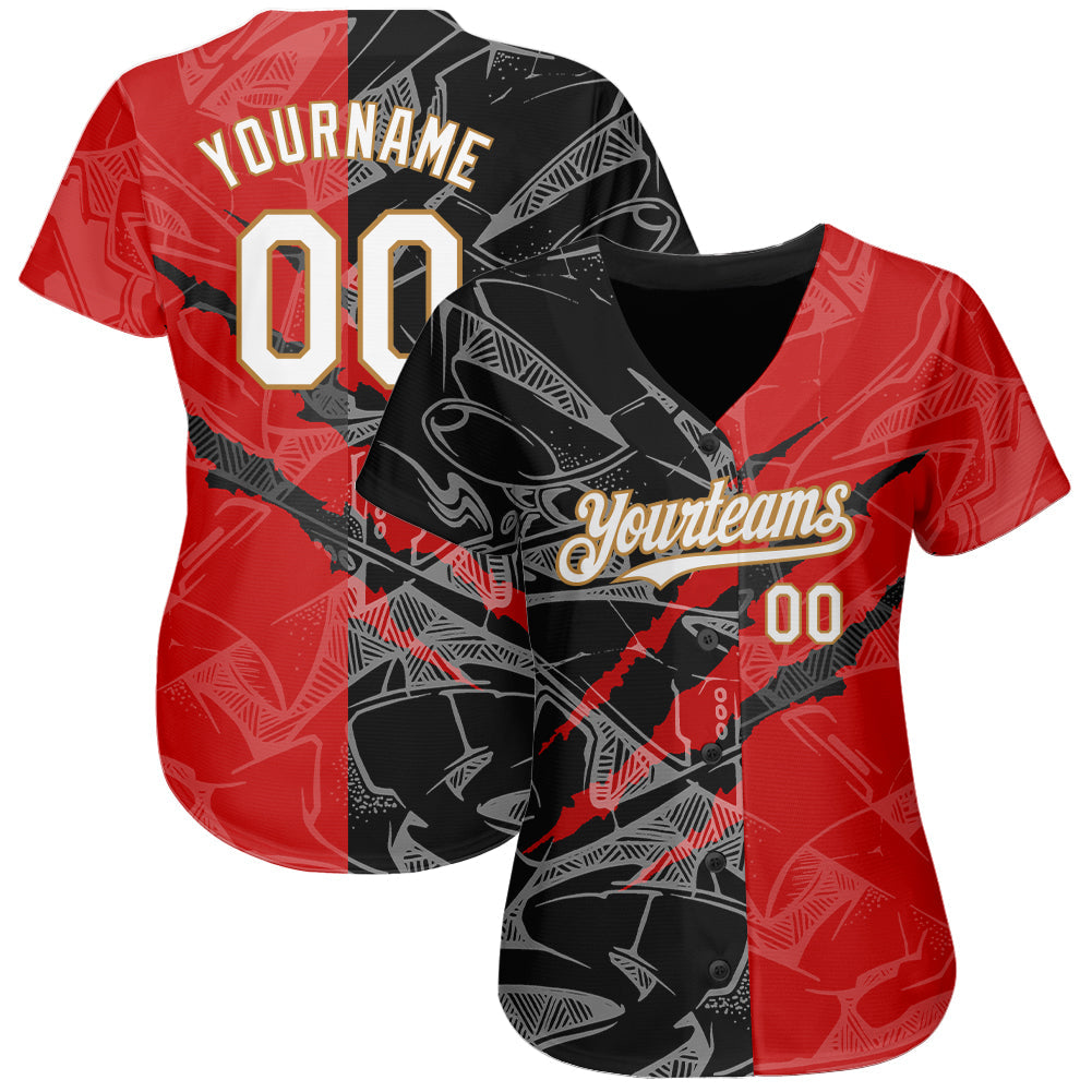 Custom Graffiti Pattern White Red Black-Old Gold 3D Scratch Authentic Baseball Jersey view 3