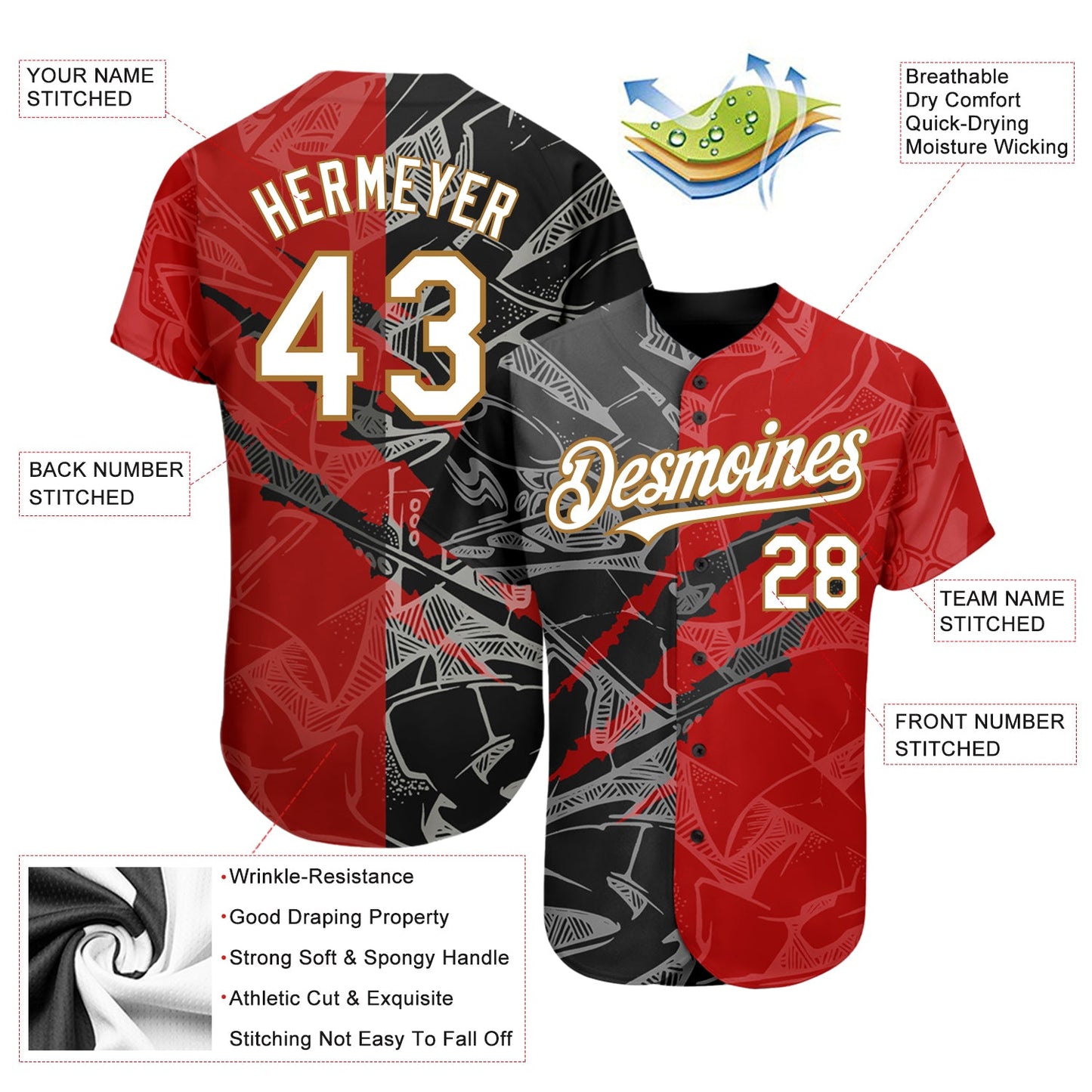 Custom Graffiti Pattern White Red Black-Old Gold 3D Scratch Authentic Baseball Jersey view 4
