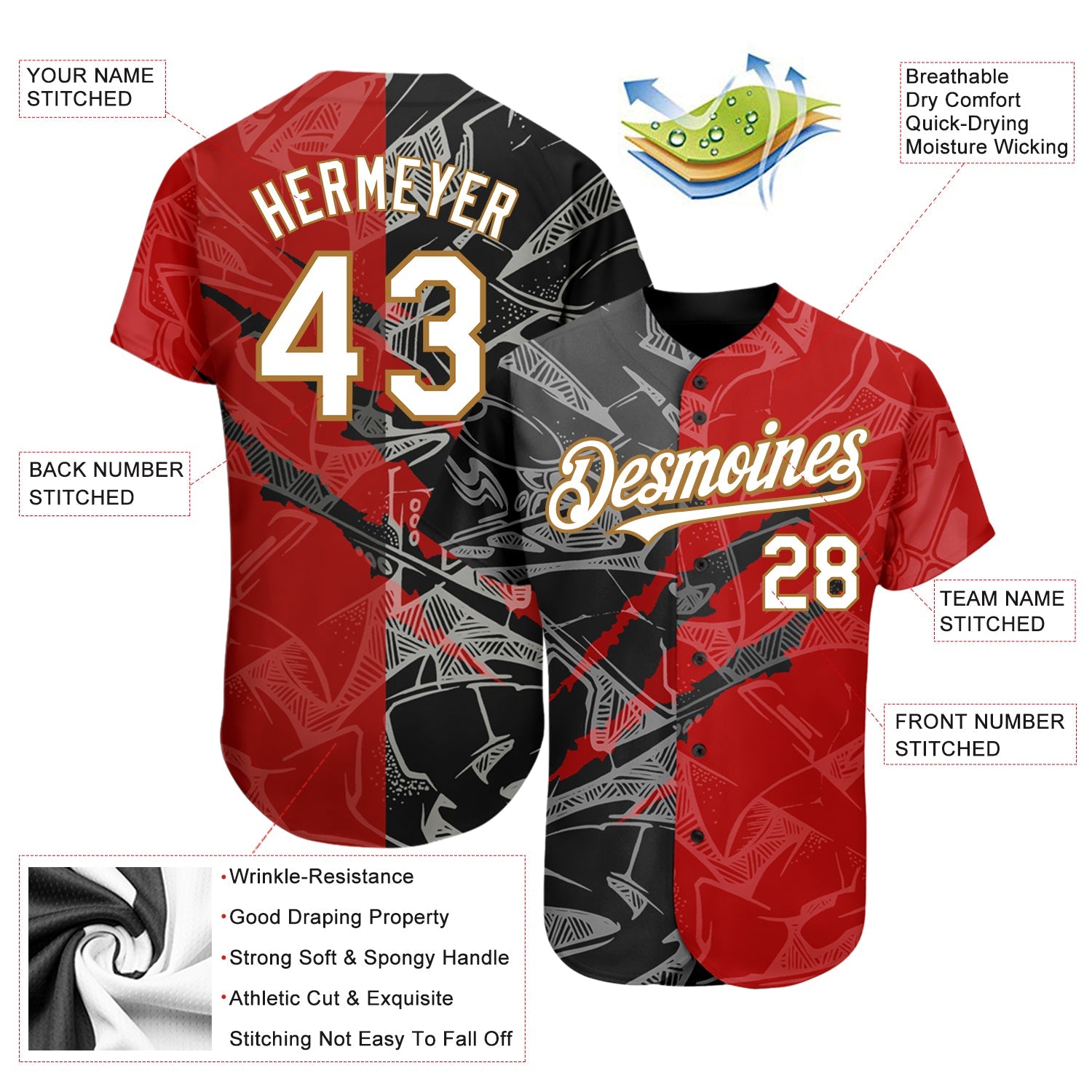 Custom Graffiti Pattern White Red Black-Old Gold 3D Scratch Authentic Baseball Jersey view 4