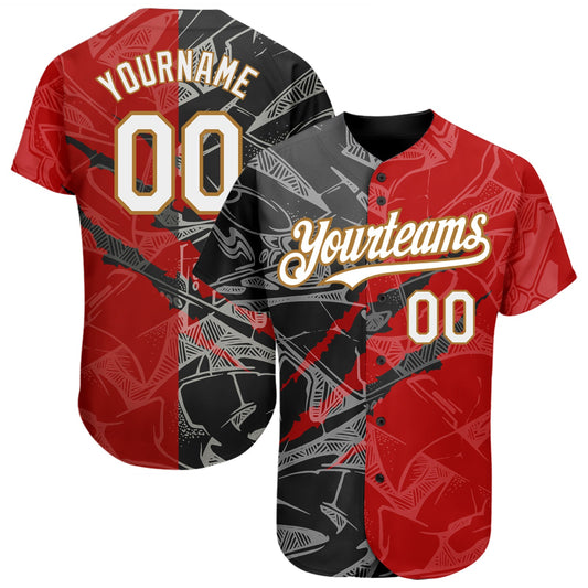 Custom Graffiti Pattern White Red Black-Old Gold 3D Scratch Authentic Baseball Jersey - Main View