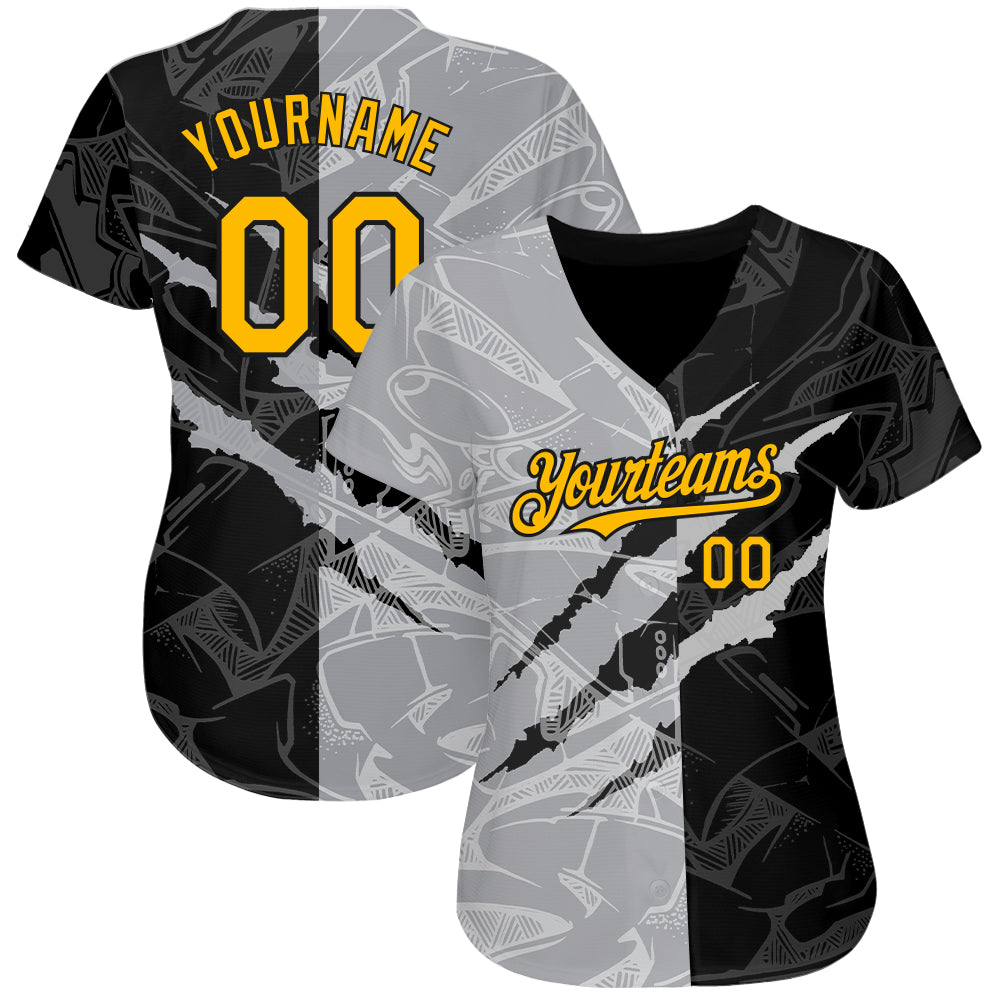 Custom Graffiti Pattern Gold Black-Gray 3D Scratch Authentic Baseball Jersey view 2