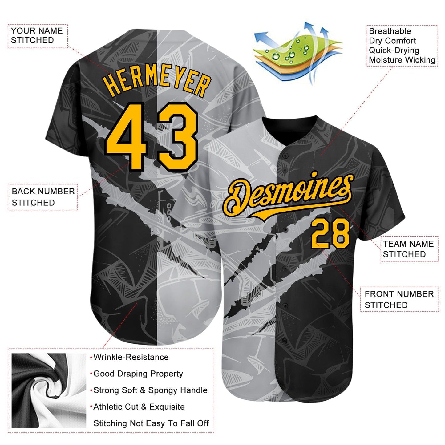 Custom Graffiti Pattern Gold Black-Gray 3D Scratch Authentic Baseball Jersey view 3