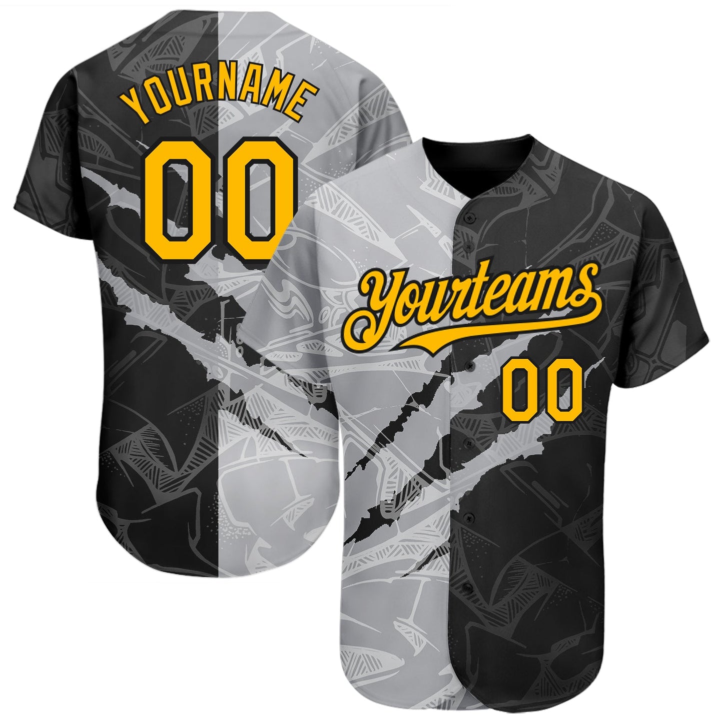 Custom Graffiti Pattern Gold Black-Gray 3D Scratch Authentic Baseball Jersey - Main View