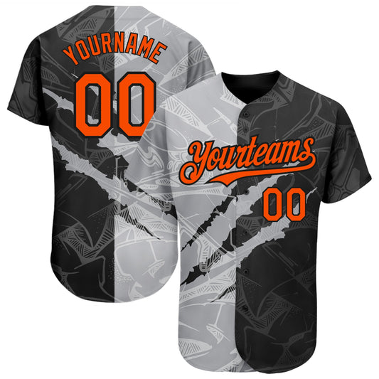 Custom Graffiti Pattern Orange Black-Gray 3D Scratch Authentic Baseball Jersey - Main View