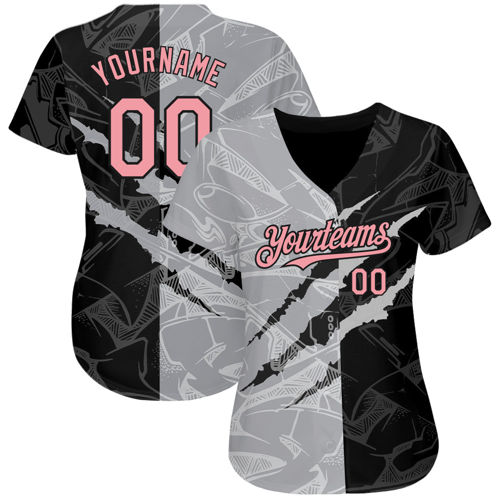 Custom Graffiti Pattern Medium Pink Black-Gray 3D Scratch Authentic Baseball Jersey view 2
