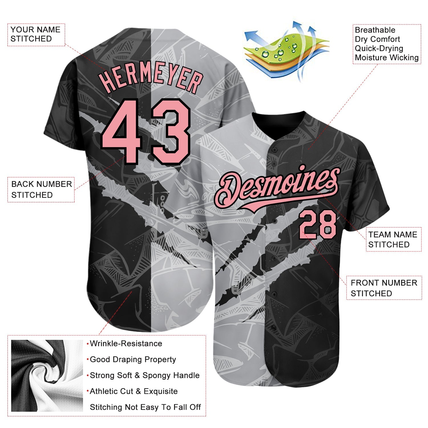 Custom Graffiti Pattern Medium Pink Black-Gray 3D Scratch Authentic Baseball Jersey view 3