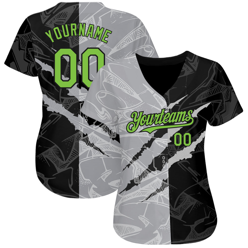 Custom Graffiti Pattern Neon Green Black-Gray 3D Scratch Authentic Baseball Jersey view 2