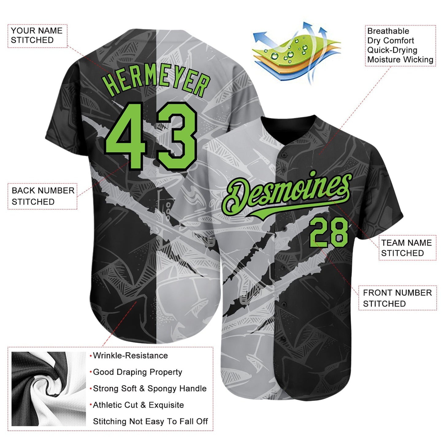 Custom Graffiti Pattern Neon Green Black-Gray 3D Scratch Authentic Baseball Jersey view 3