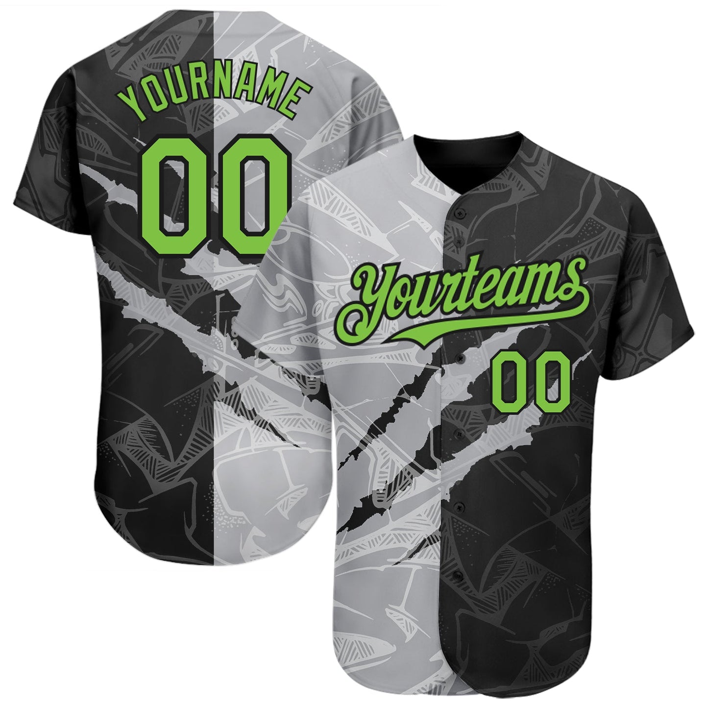 Custom Graffiti Pattern Neon Green Black-Gray 3D Scratch Authentic Baseball Jersey - Main View