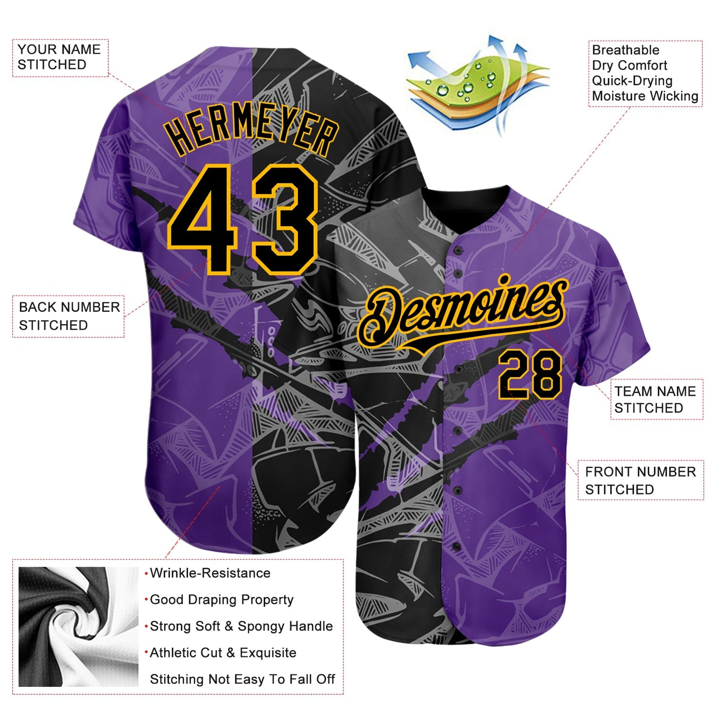 Custom Graffiti Pattern Black Purple-Gold 3D Scratch Authentic Baseball Jersey view 3