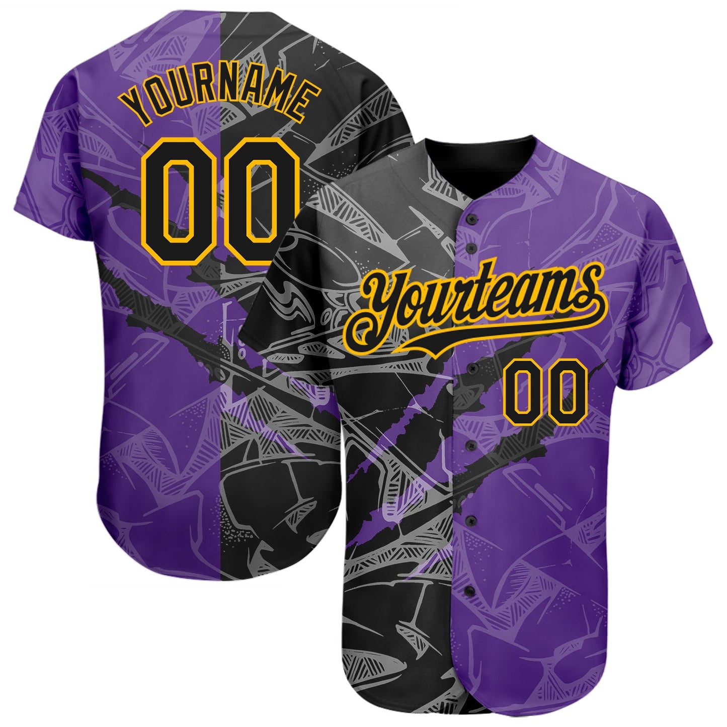 Custom Graffiti Pattern Black Purple-Gold 3D Scratch Authentic Baseball Jersey - Main View