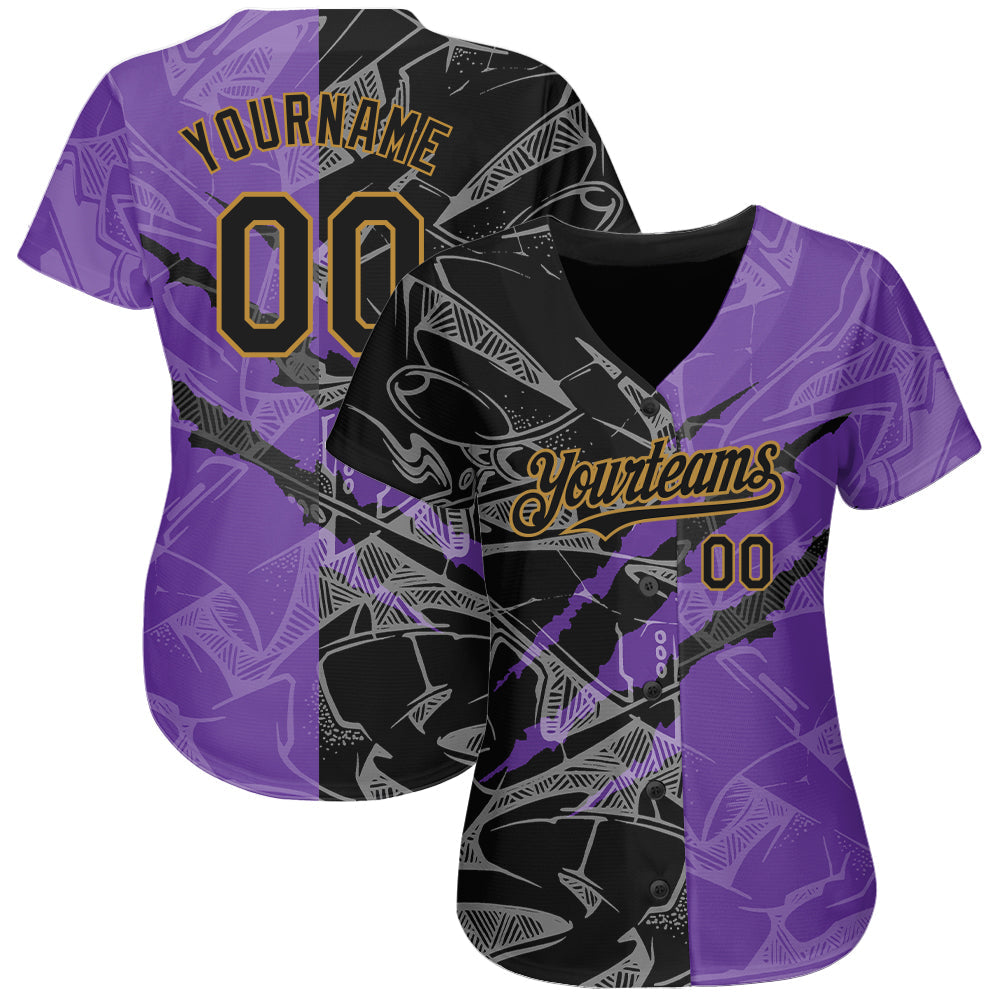 Custom Graffiti Pattern Black Purple-Old Gold 3D Scratch Authentic Baseball Jersey view 2
