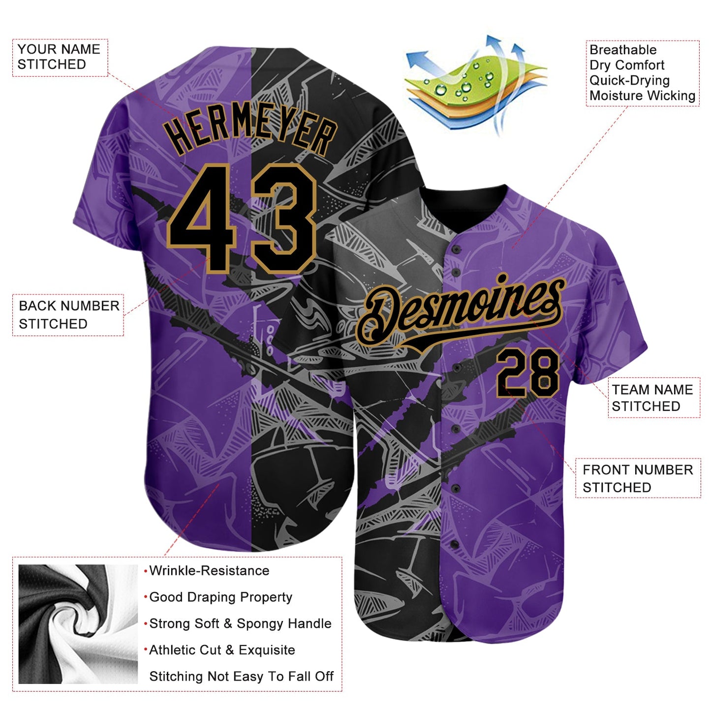 Custom Graffiti Pattern Black Purple-Old Gold 3D Scratch Authentic Baseball Jersey view 3