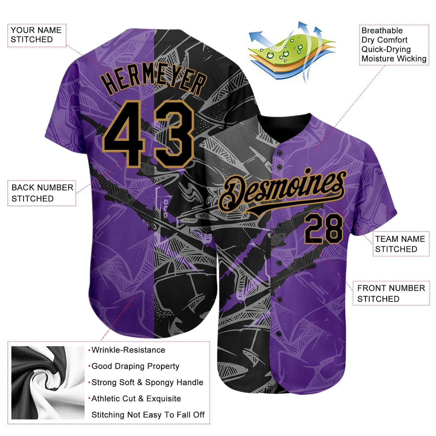 Custom Graffiti Pattern Black Purple-Old Gold 3D Scratch Authentic Baseball Jersey view 3