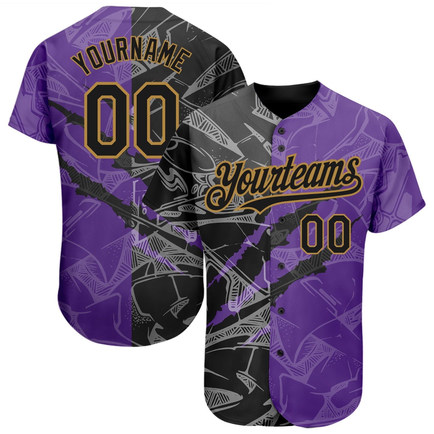 Custom Graffiti Pattern Black Purple-Old Gold 3D Scratch Authentic Baseball Jersey - Main View