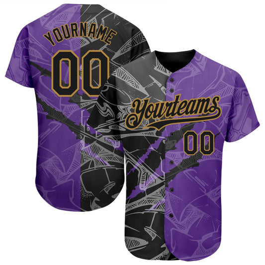 Custom Graffiti Pattern Black Purple-Old Gold 3D Scratch Authentic Baseball Jersey - Main View