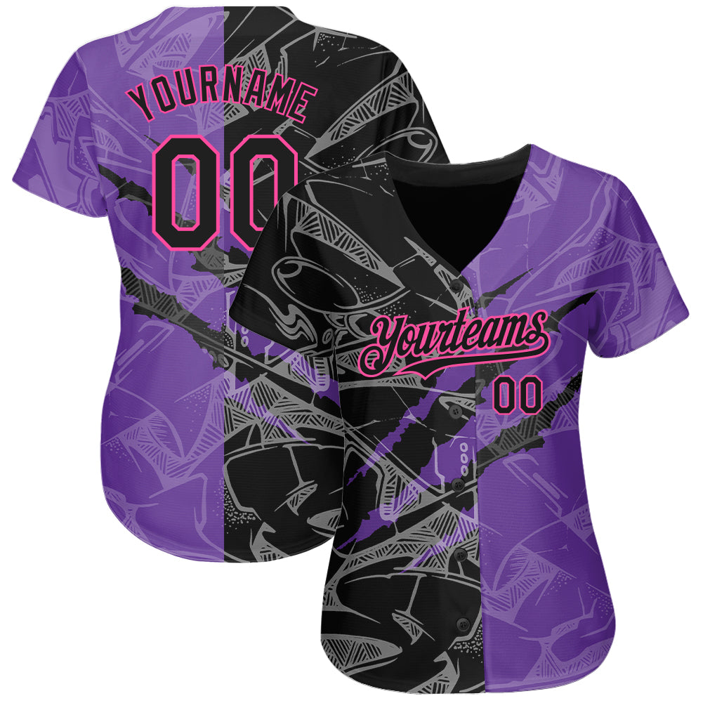 Custom Graffiti Pattern Black Purple-Pink 3D Scratch Authentic Baseball Jersey view 2