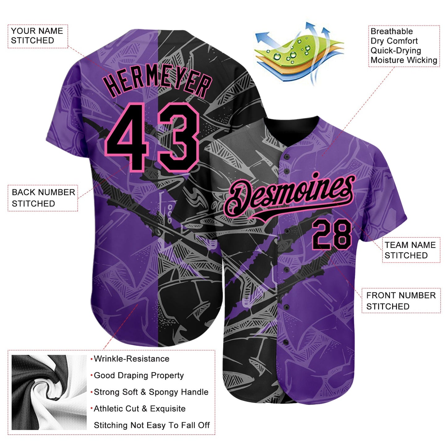 Custom Graffiti Pattern Black Purple-Pink 3D Scratch Authentic Baseball Jersey view 3