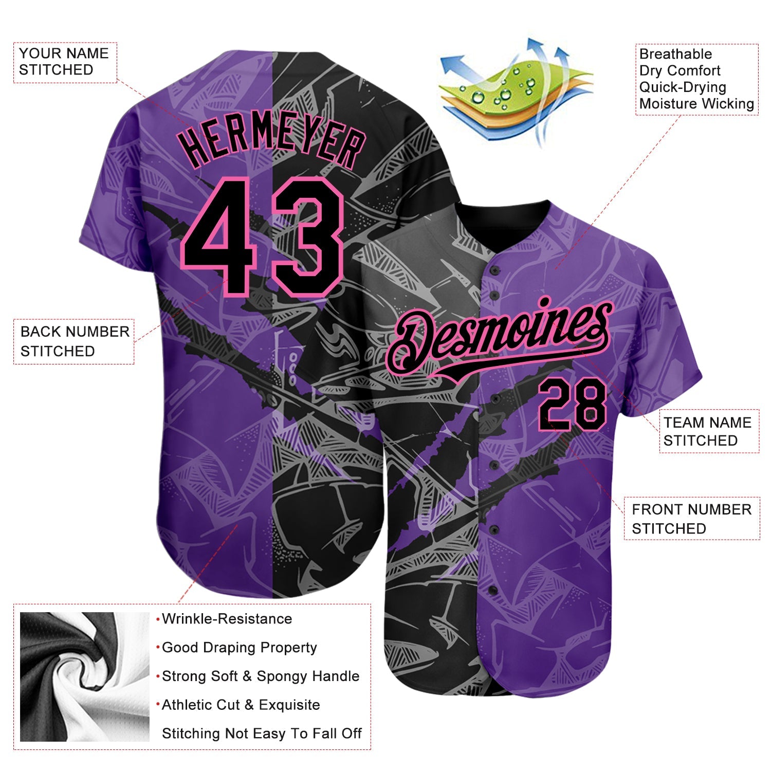 Custom Graffiti Pattern Black Purple-Pink 3D Scratch Authentic Baseball Jersey view 3