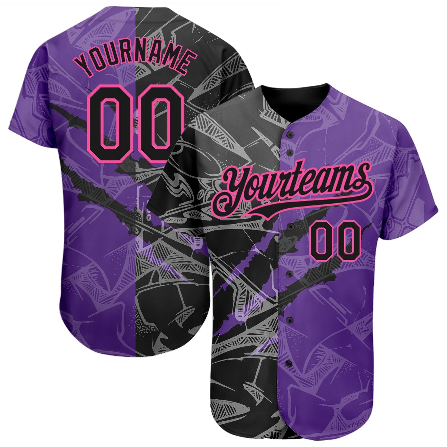 Custom Graffiti Pattern Black Purple-Pink 3D Scratch Authentic Baseball Jersey - Main View