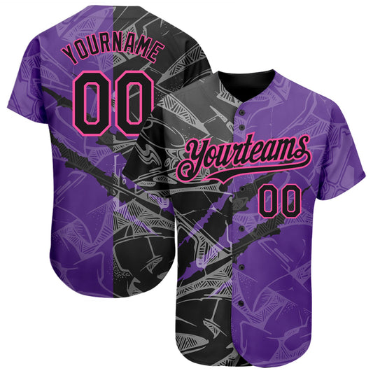 Custom Graffiti Pattern Black Purple-Pink 3D Scratch Authentic Baseball Jersey - Main View
