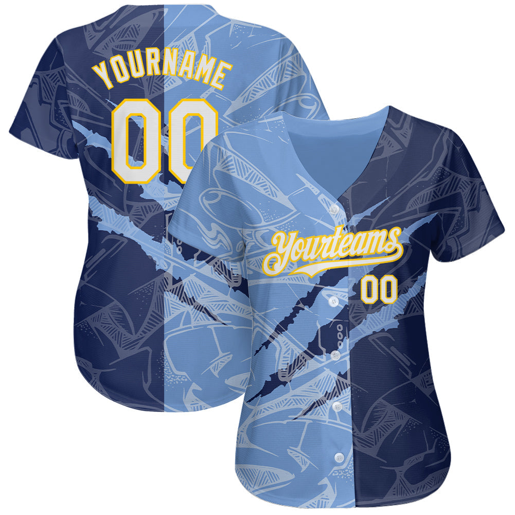Custom Graffiti Pattern White Navy Light Blue-Yellow 3D Scratch Authentic Baseball Jersey view 2