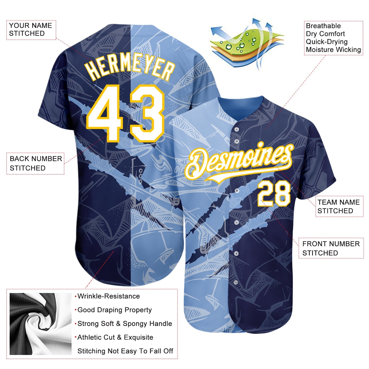 Custom Graffiti Pattern White Navy Light Blue-Yellow 3D Scratch Authentic Baseball Jersey view 3