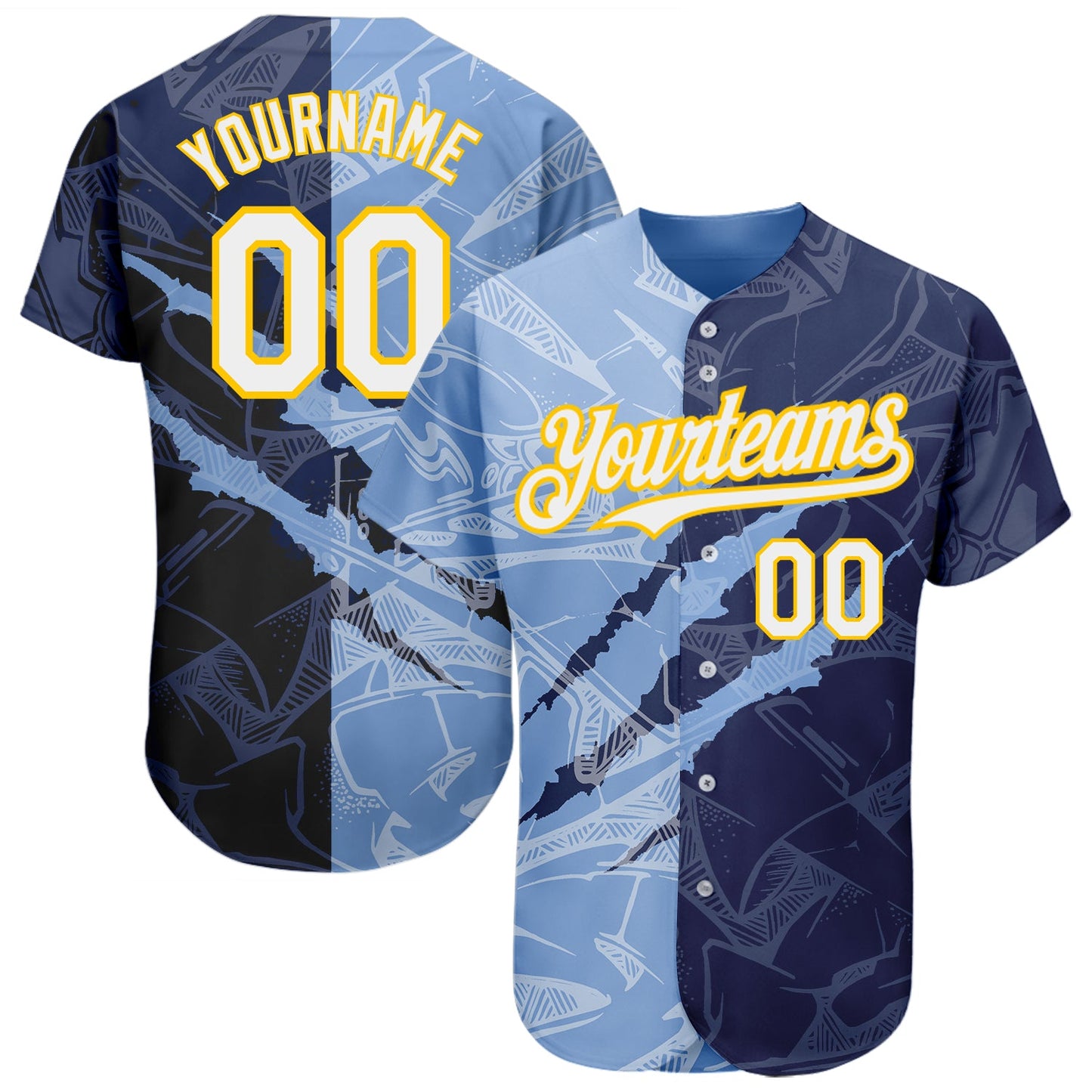 Custom Graffiti Pattern White Navy Light Blue-Yellow 3D Scratch Authentic Baseball Jersey - Main View