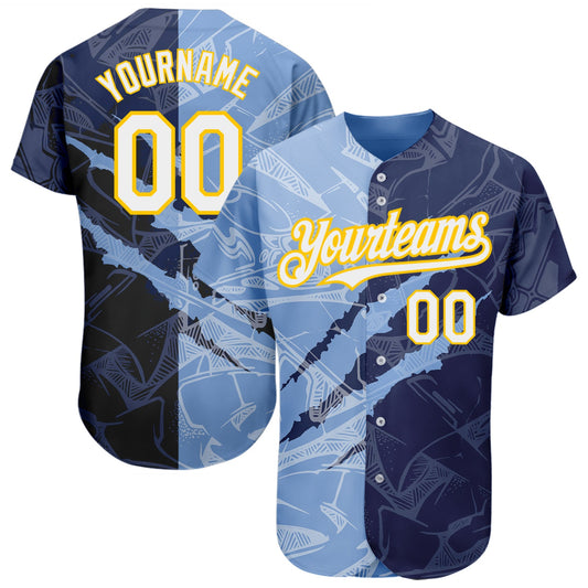 Custom Graffiti Pattern White Navy Light Blue-Yellow 3D Scratch Authentic Baseball Jersey - Main View