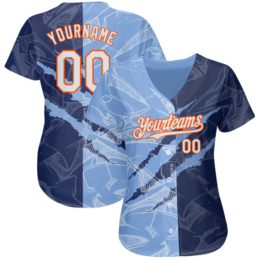 Custom Graffiti Pattern White Navy Light Blue-Orange 3D Scratch Authentic Baseball Jersey view 2