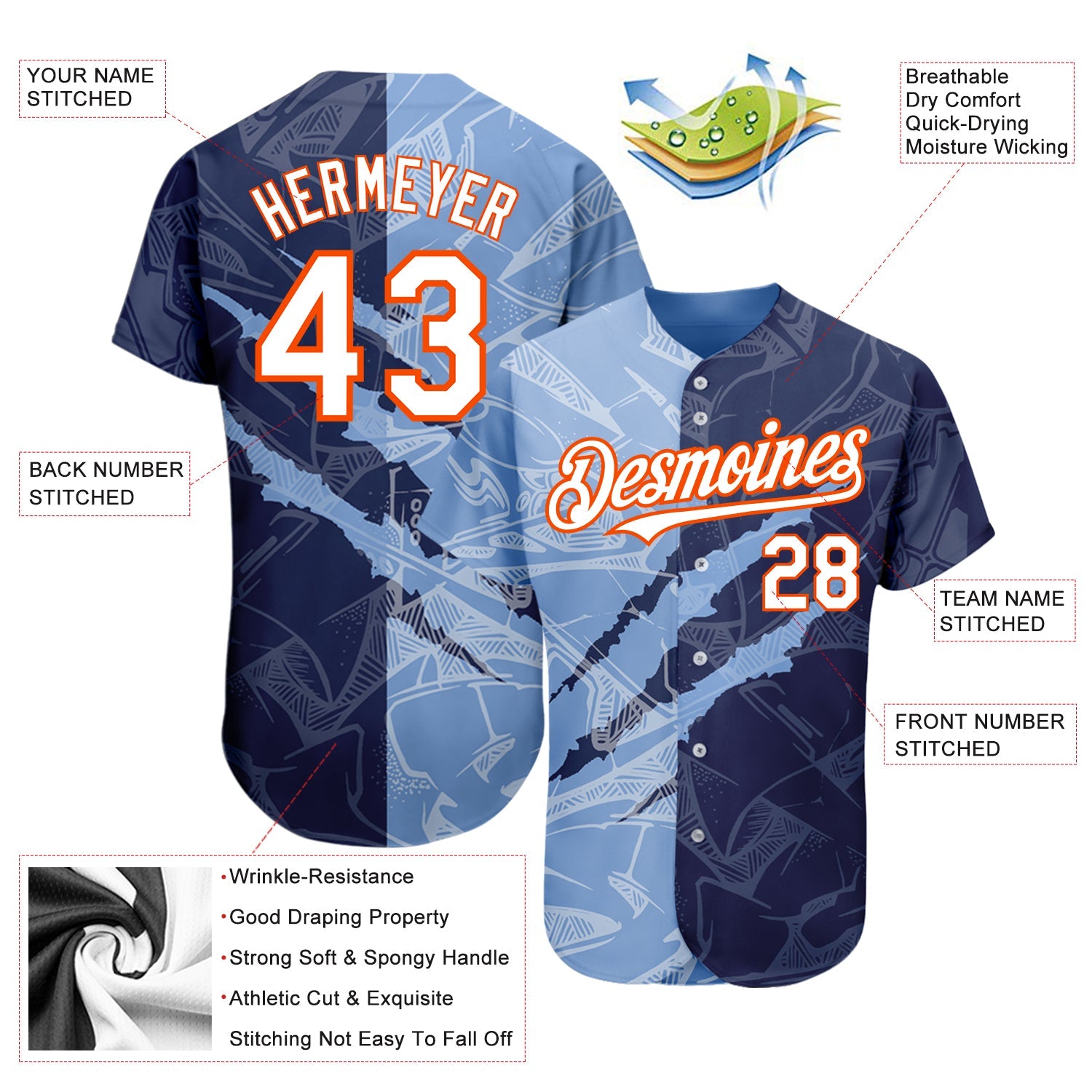Custom Graffiti Pattern White Navy Light Blue-Orange 3D Scratch Authentic Baseball Jersey view 3