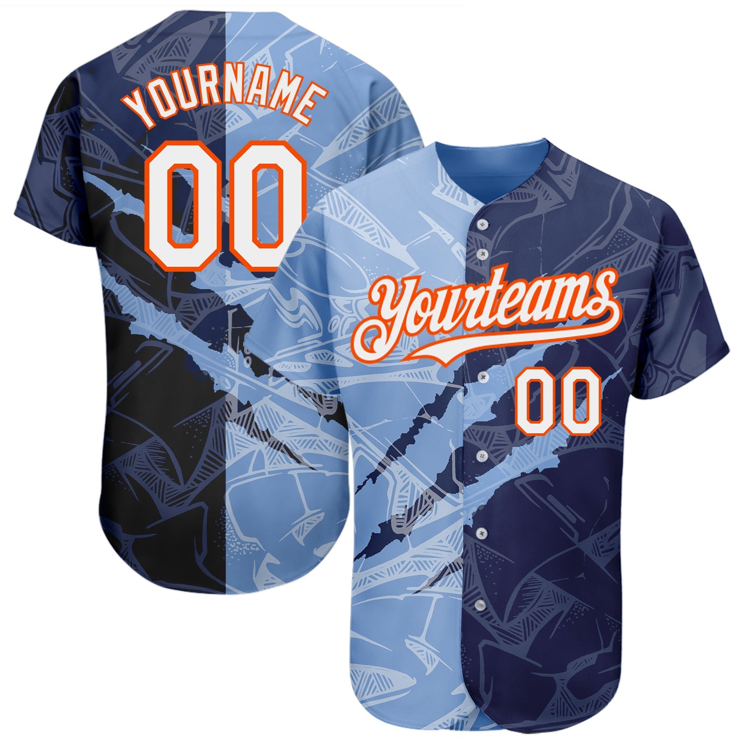 Custom Graffiti Pattern White Navy Light Blue-Orange 3D Scratch Authentic Baseball Jersey - Main View