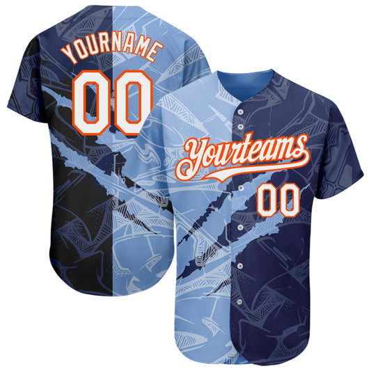 Custom Graffiti Pattern White Navy Light Blue-Orange 3D Scratch Authentic Baseball Jersey - Main View