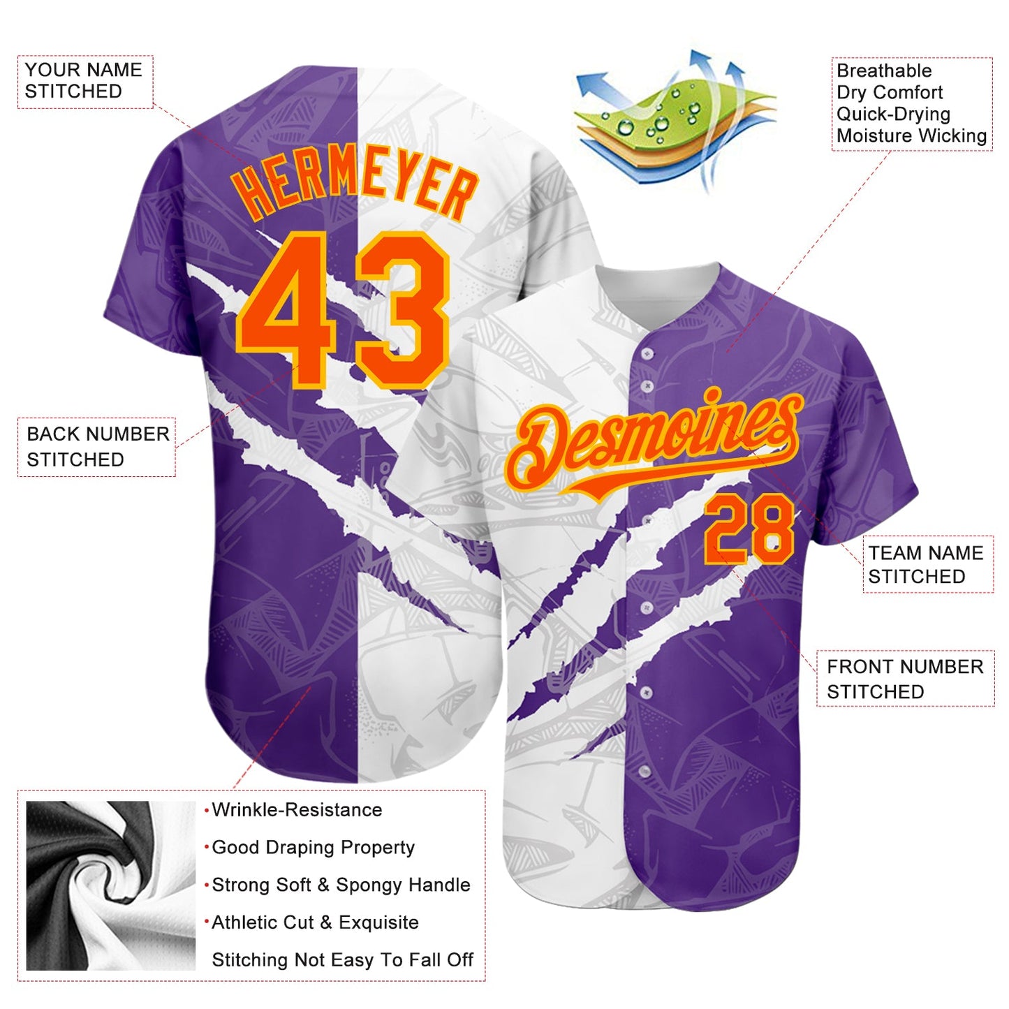 Custom Graffiti Pattern Orange Purple-Gold 3D Scratch Authentic Baseball Jersey view 3