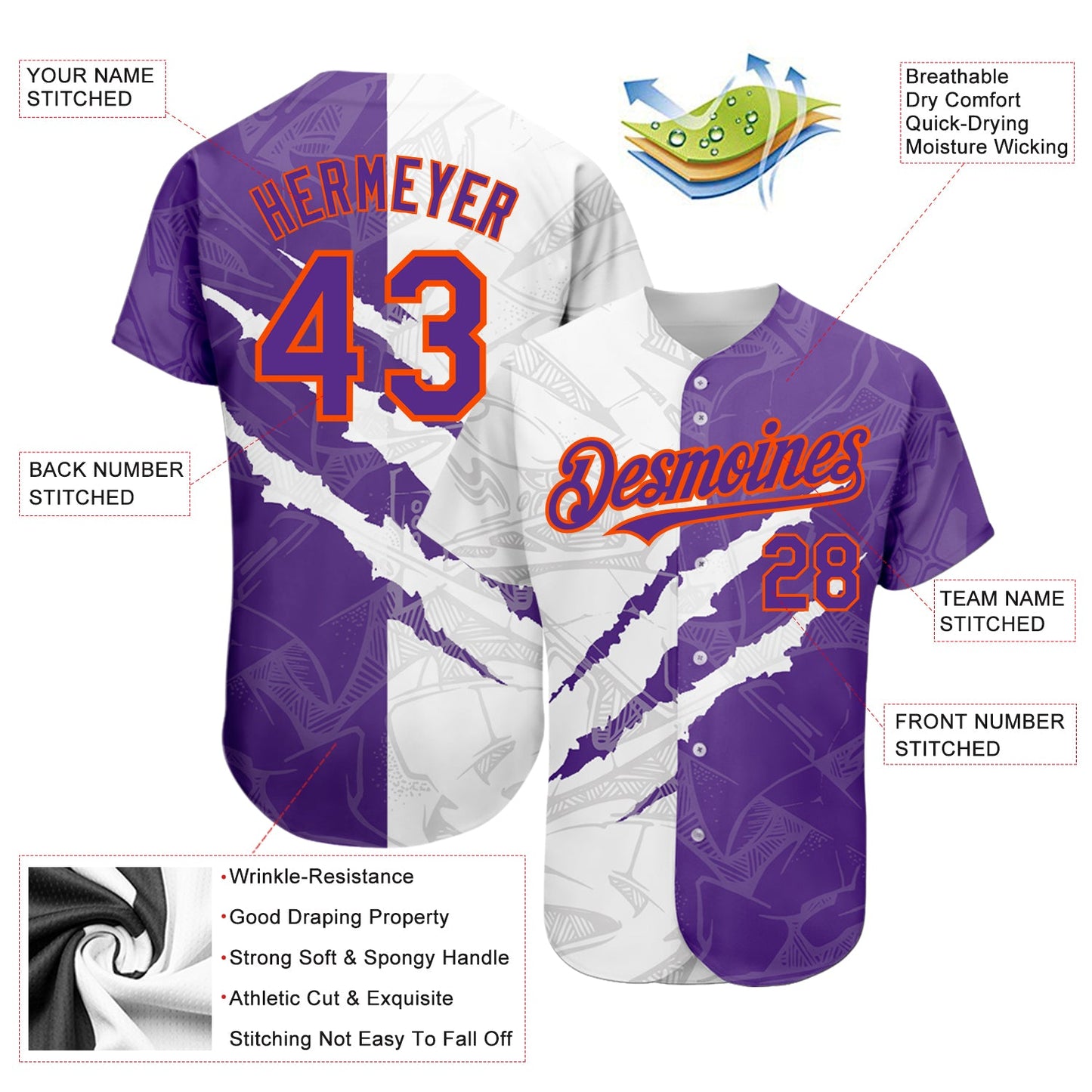 Custom Graffiti Pattern Purple-Orange 3D Scratch Authentic Baseball Jersey view 3