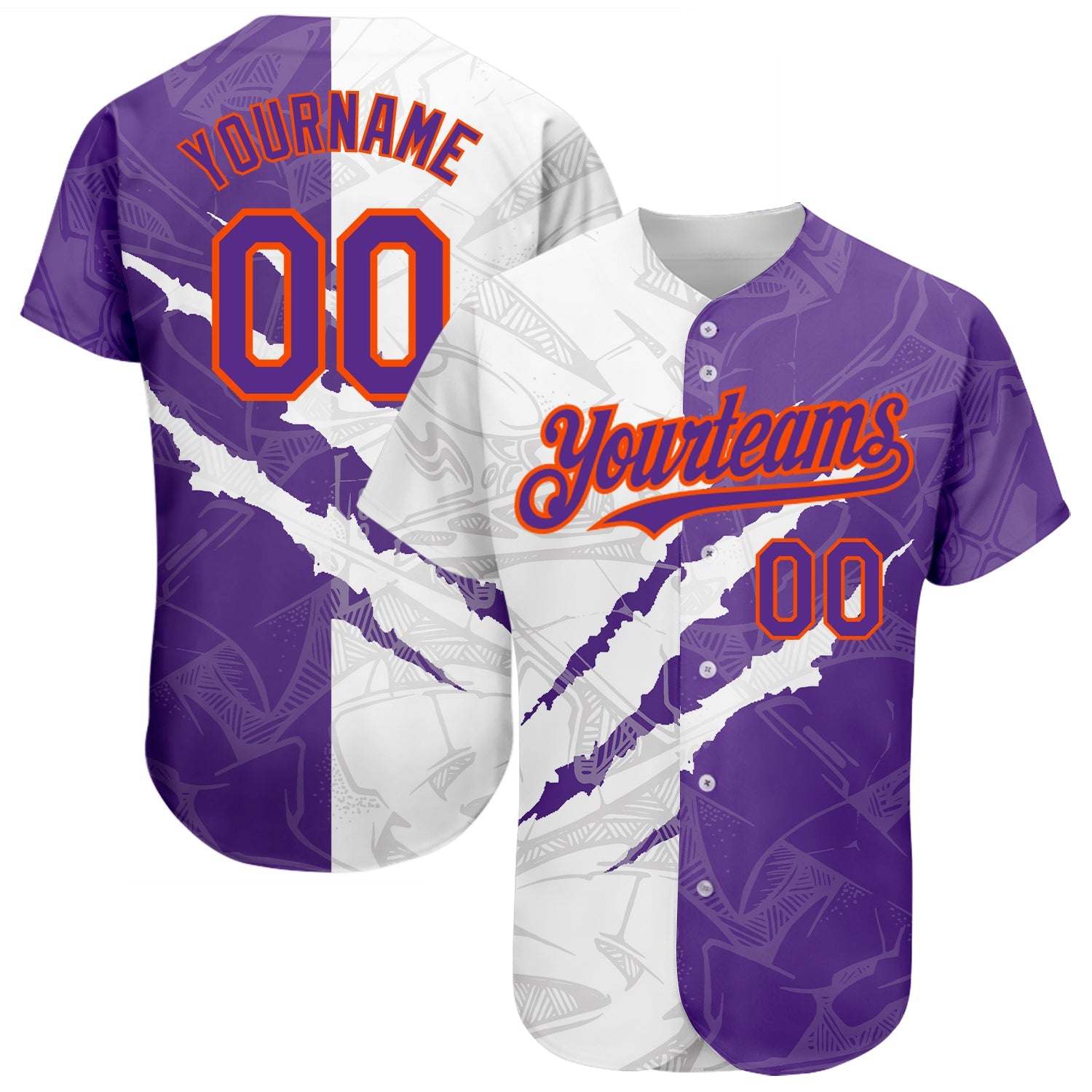 Custom Graffiti Pattern Purple-Orange 3D Scratch Authentic Baseball Jersey - Main View