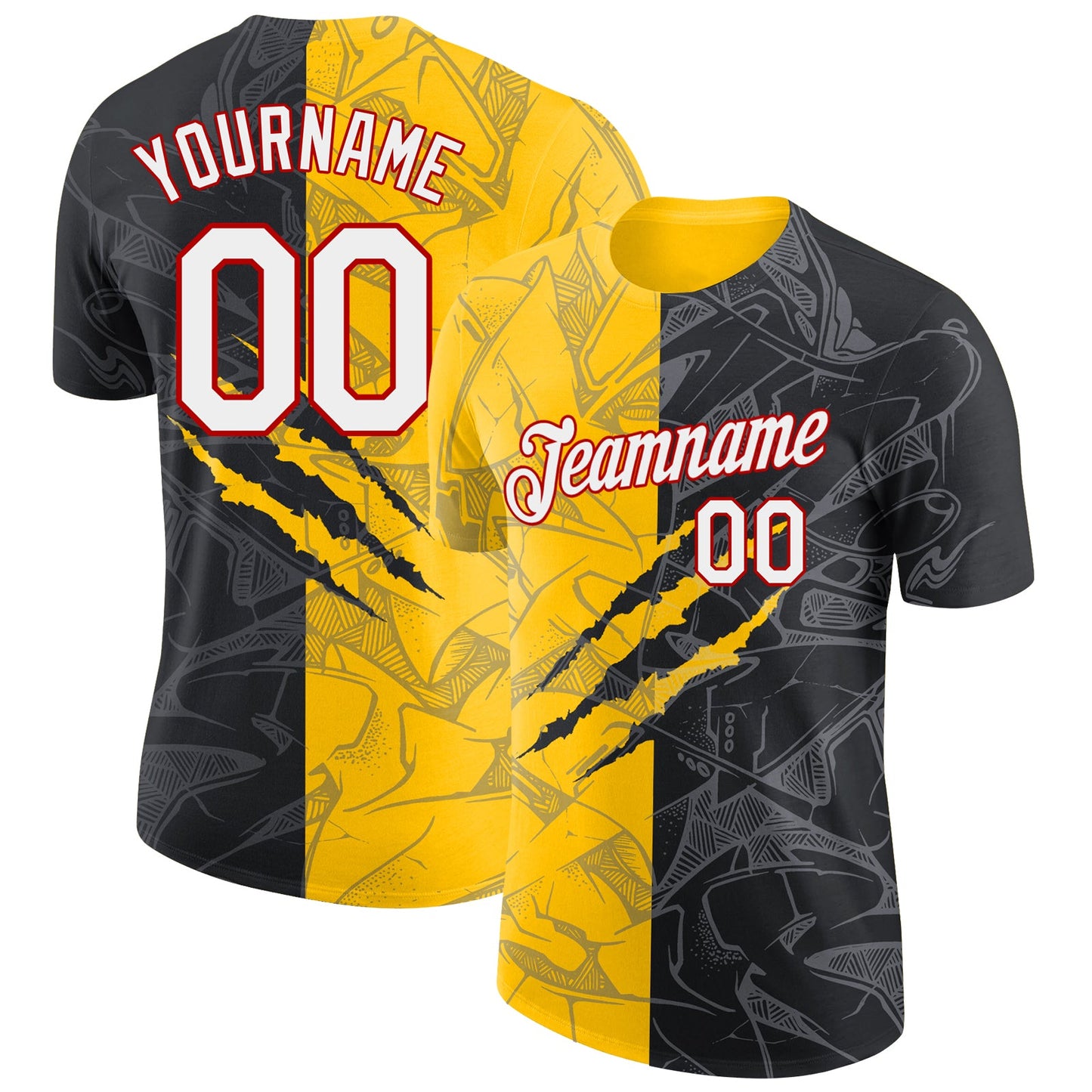 Custom Graffiti Pattern Black Yellow-Red Scratch 3D Performance T-Shirt - Main View